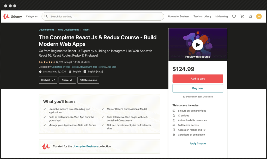 Best React Courses on Udemy The Complete React Js & Redux Course - Build Modern Web Apps best front end developer courses