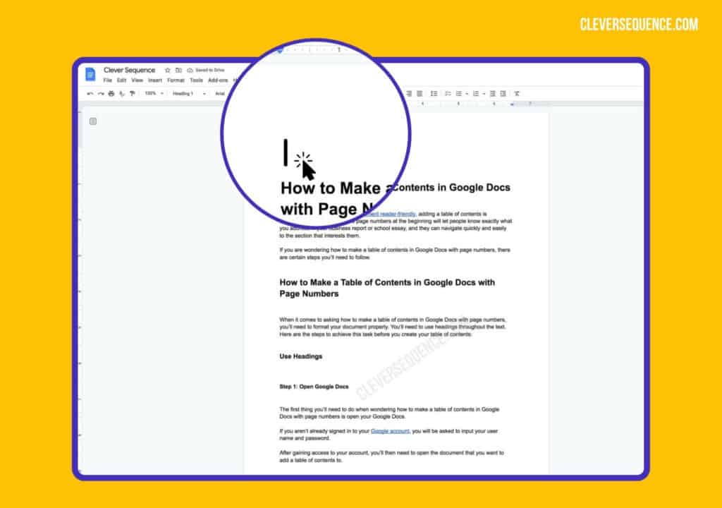 How to Make a Table of Contents in Google Docs With Page Numbers - locate the cursor at where you'd like
