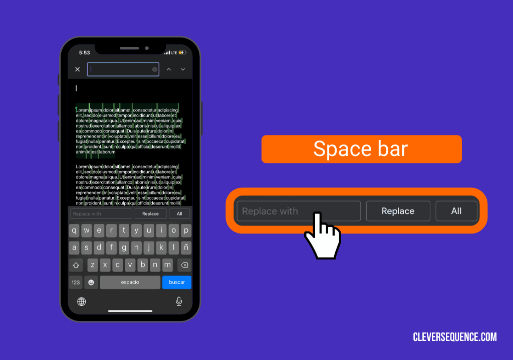 click on Replace with and press the spacebar two or more times - how to double space on Google Docs app
