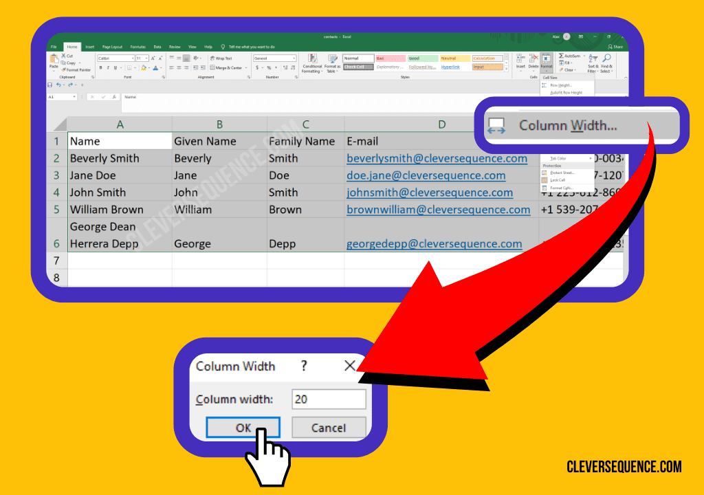 Adjust cell size by clicking on Column Width how to export email addresses from Gmail to Excel