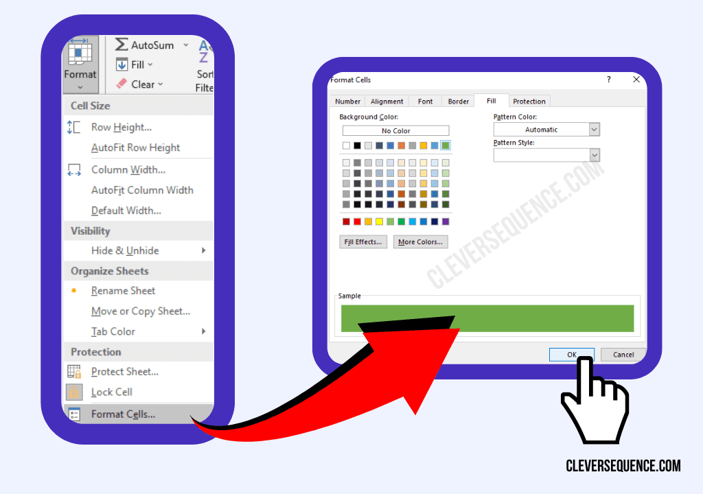 Click on the Format option in the Cells category to change colors designs and more