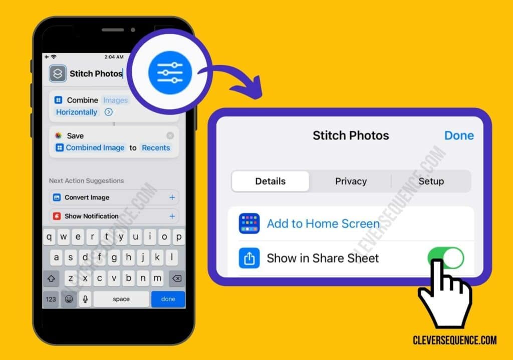 Click the Share icon then toggle show in share sheet how to stitch photos together on iPhone