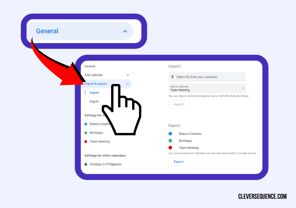 Press Import Export after clicking on the General tab how to merge Google calendars from different accounts