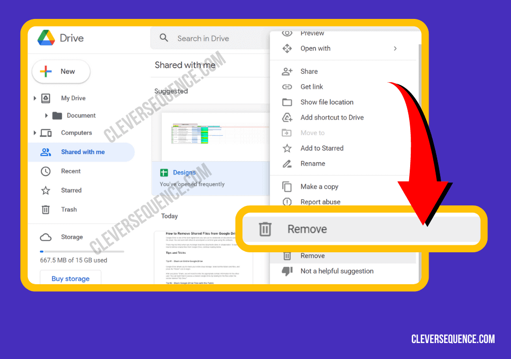 Right click on any file you want to remove press remove how to delete shared files from Google Drive