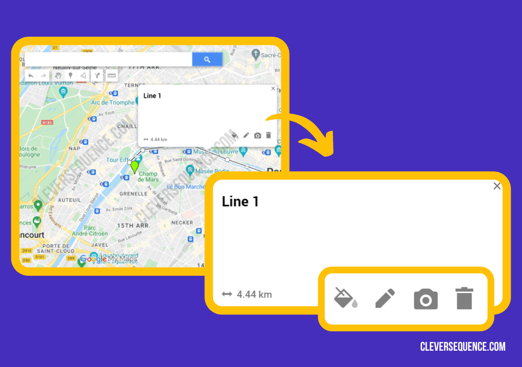 This dialog window automatically displays the distance and it gives you four new tools how to draw lines on Google Maps