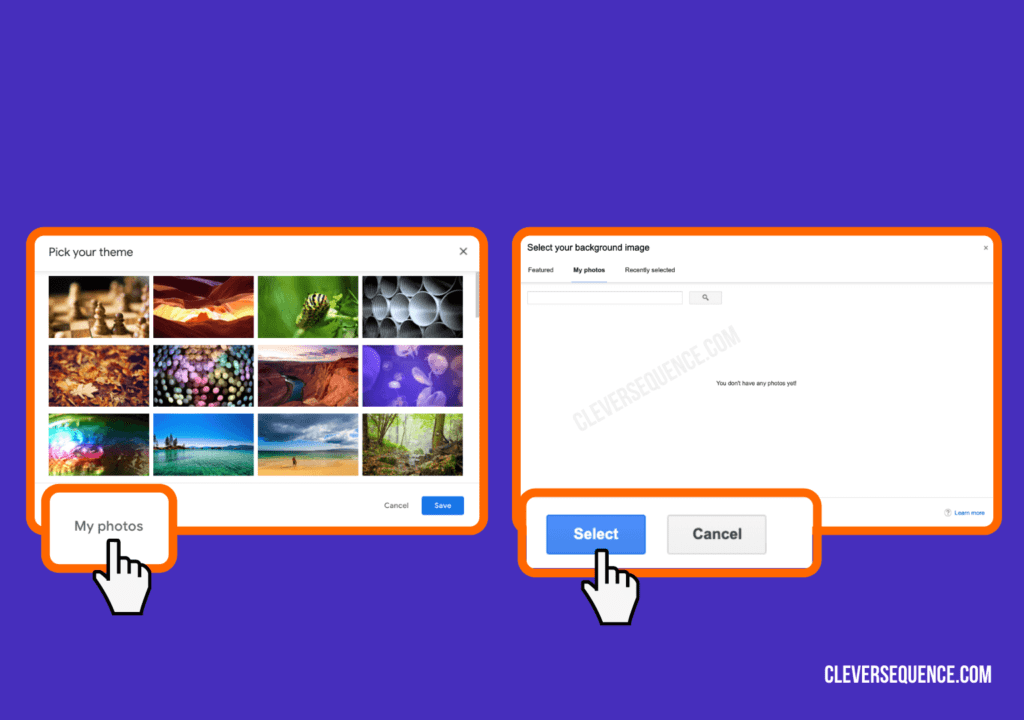 click on my photos and select your own photo - Gmail background themes download