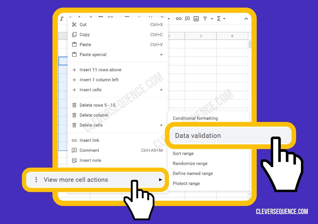 click on view more cells actions and data validation How to add Yes or No in Google Sheets