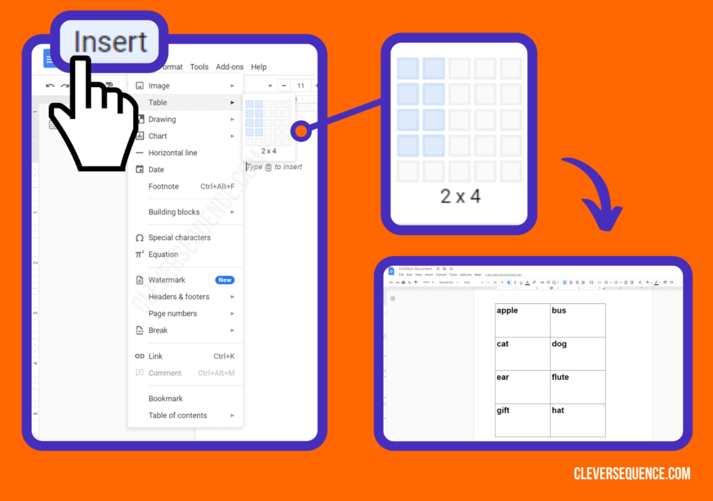 go to insert and click on table choose how big you want the table to be how to make flashcards on Google Docs