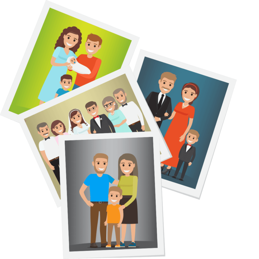 several photos of a family combined - combine multiple images into a group portrait - family portrait from individual photos