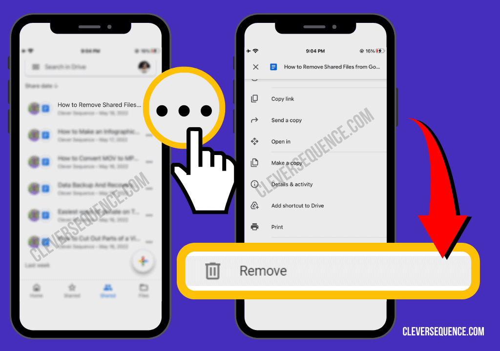 tap the three horizontal dots and select remove how to remove shared files from Google Drive