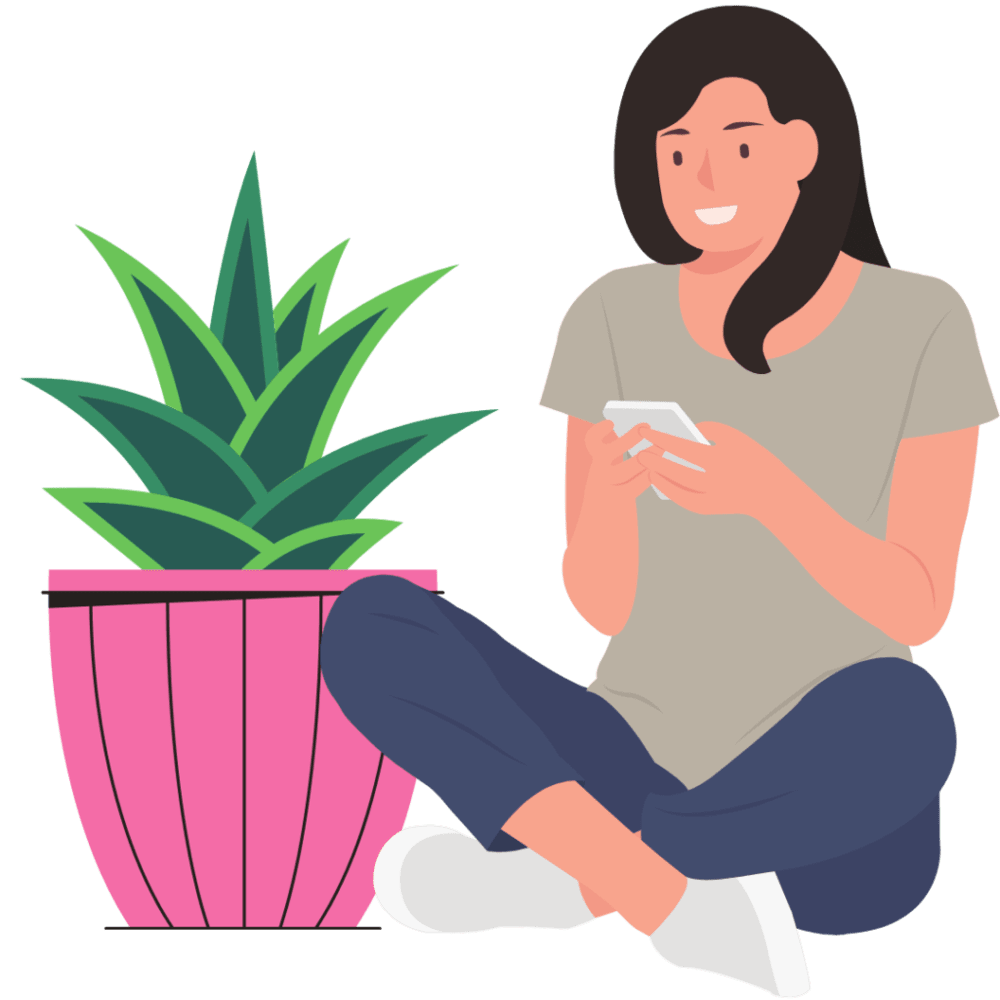 woman smiling using her phone - how to do a social media background check on yourself
