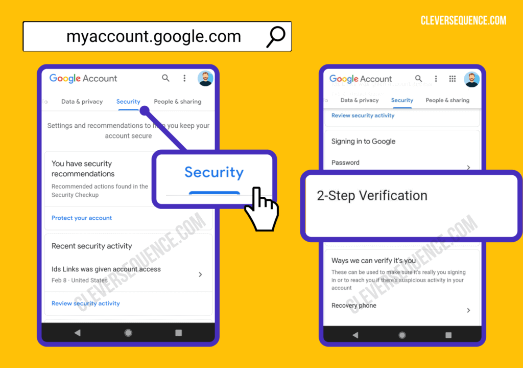click on the security tab then 2-step verification how to sign into my google account on my phone