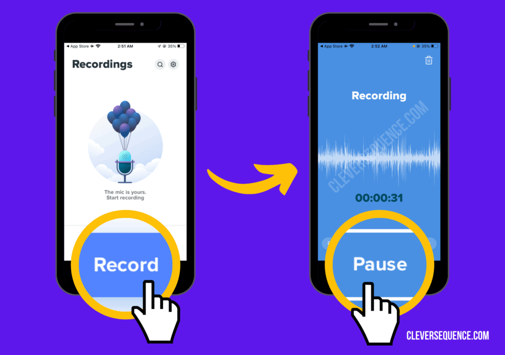 on the Rev Voice Recorder click on record then pause record WAV file on iPhone