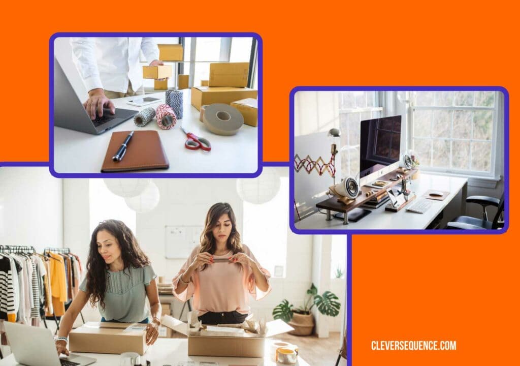 women working from home taking picture of an open box packing station ideas