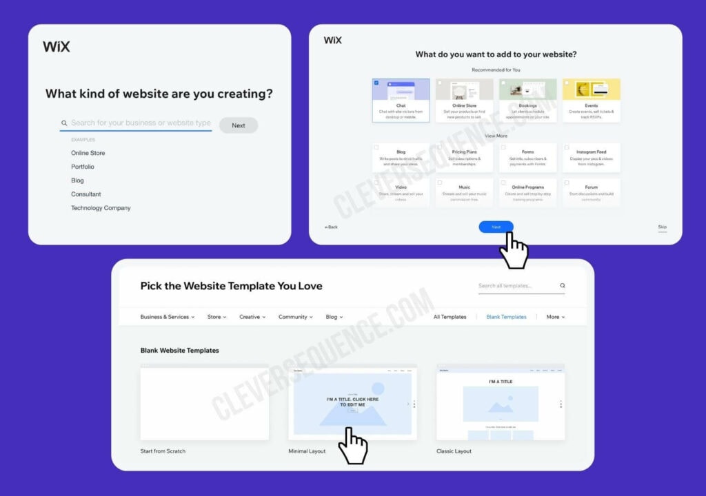 Create a new website Choose what do you want to add to your website Pick an wireframe template you love