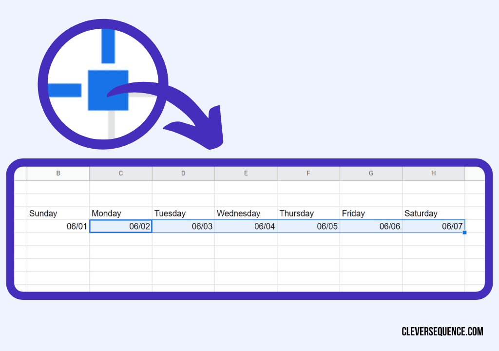 Drag to fill in the rest of the dates for a specific week Google Sheets class schedule template