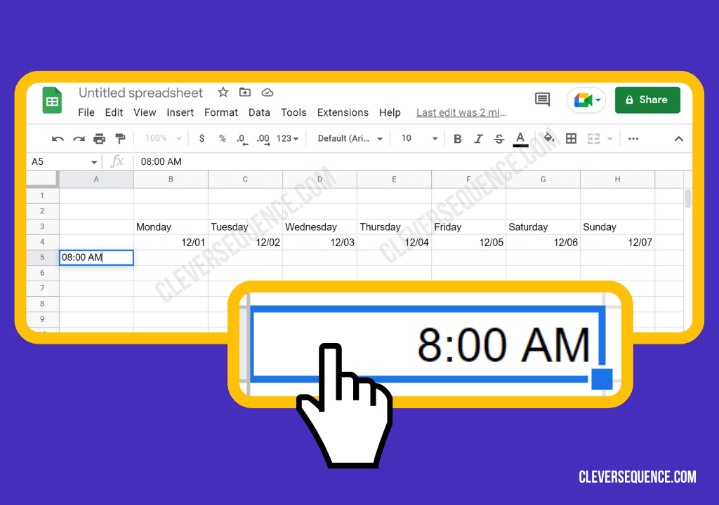 In the next row on the left most cell you will enter the first hour you want to include in your day how to create a schedule in Google Sheets