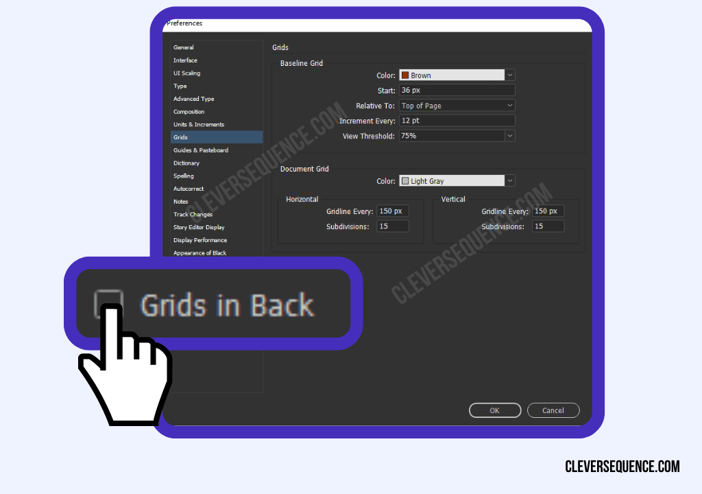 Deselect Grids in Back to bring the lines to the front of your document how to make a grid in InDesign