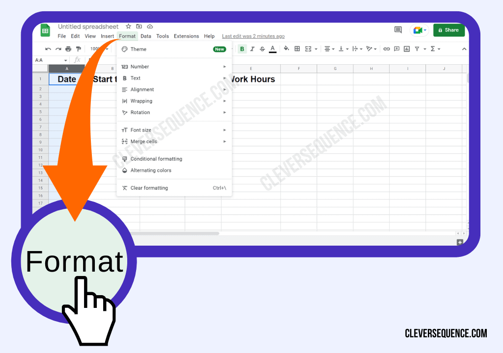 Format is fifth from the left in between Insert and Data monthly timesheet template google sheets