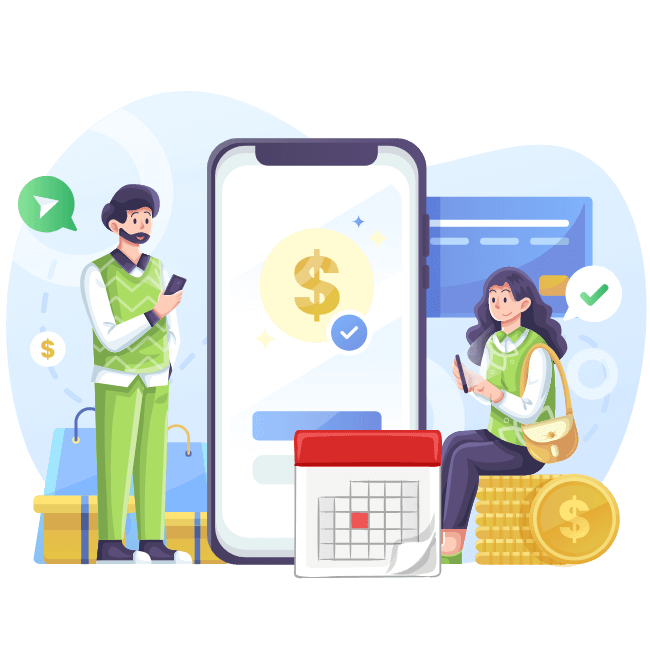 illustration of two people holding phones next to a giant smartphone how to make payments on amazon