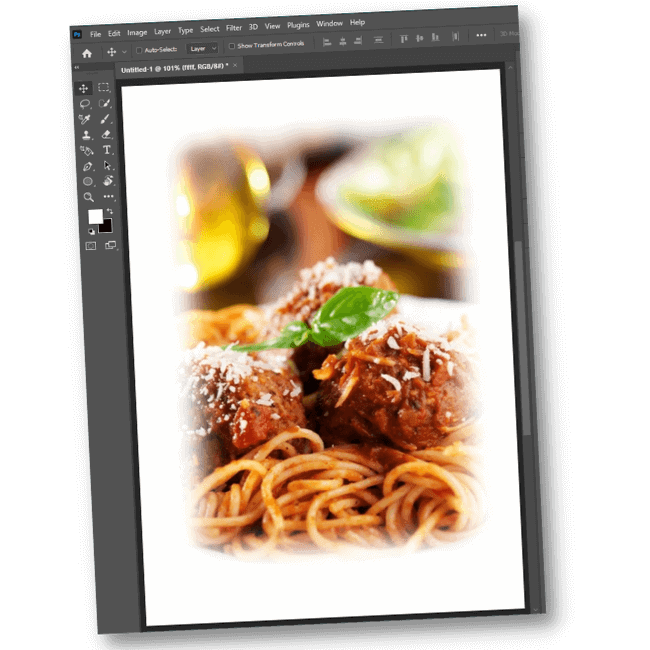 photo of meatballs and pasta with fade edges to transparent in photoshop