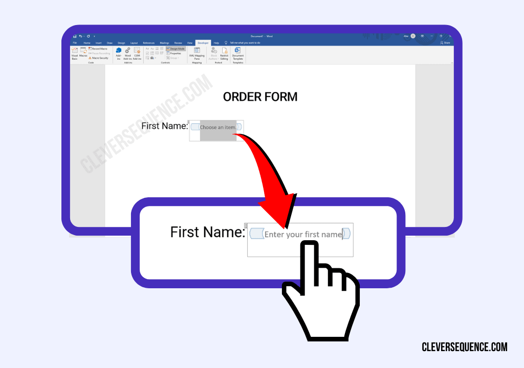 Click on Design Mode and Add Data Fields enter your first name