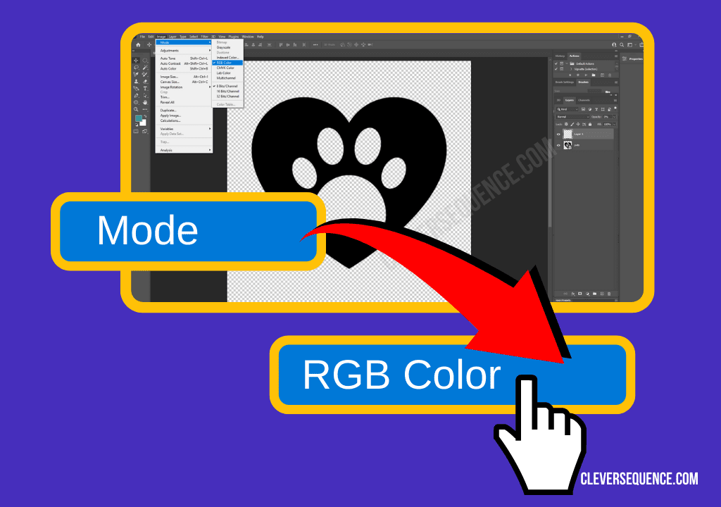 Press Mode followed by Color RGB photoshop replace color with transparent